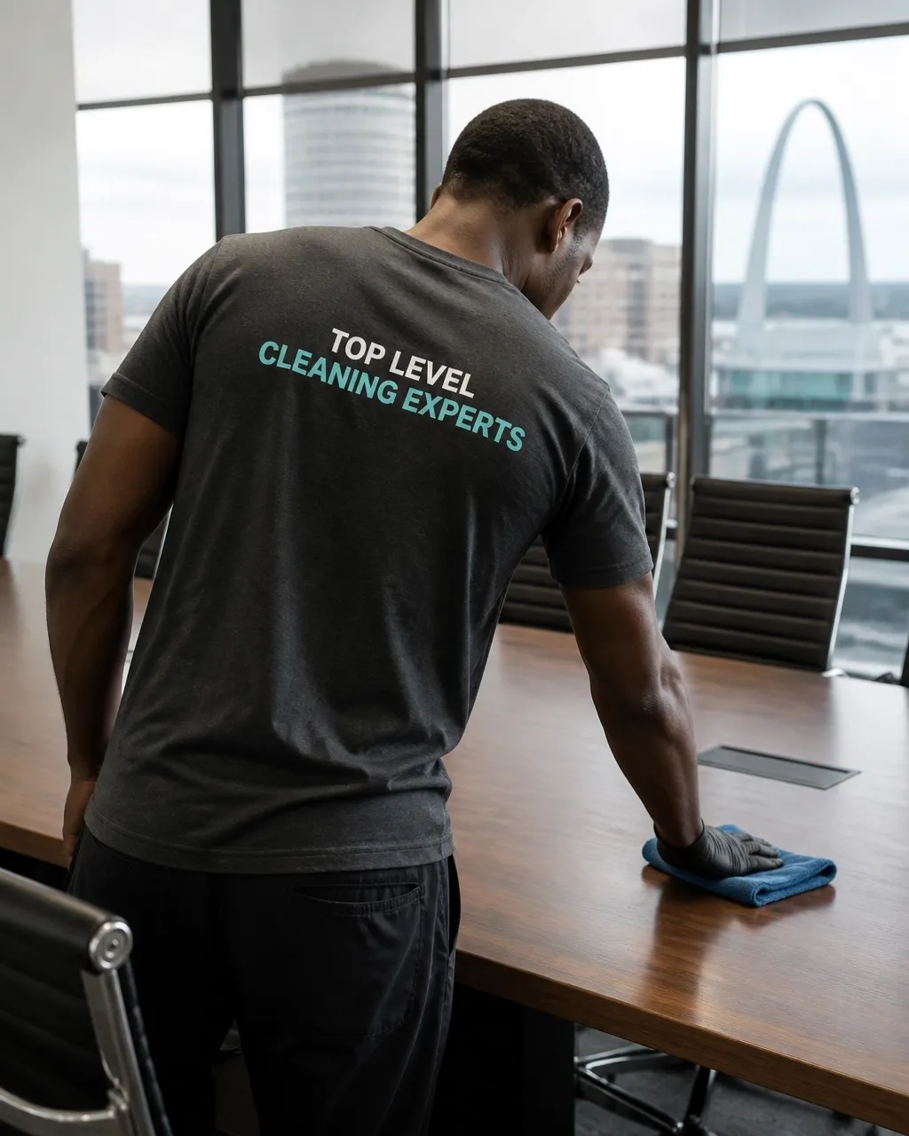 Professional janitorial team member maintaining a clean commercial space