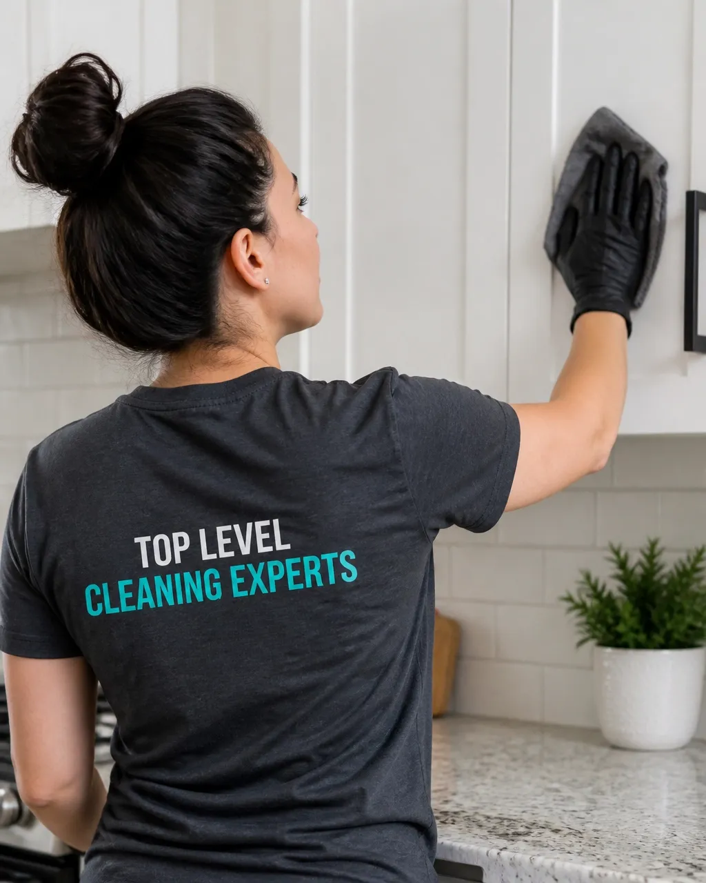 Cleaner using thoughtful products in a bright, healthy home interior