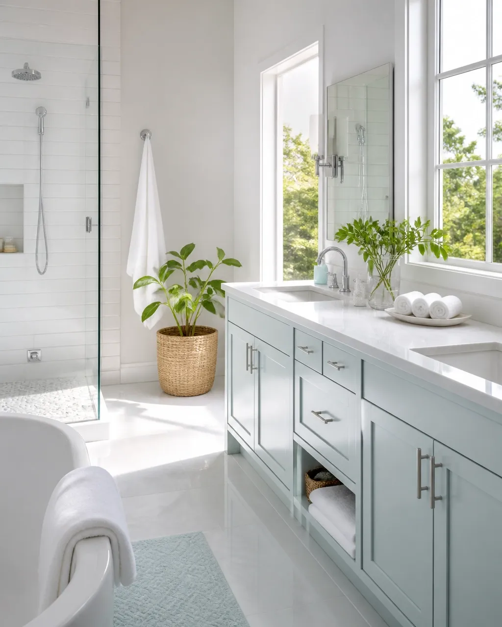 Bright, spotless bathroom with gleaming fixtures and fresh white towels